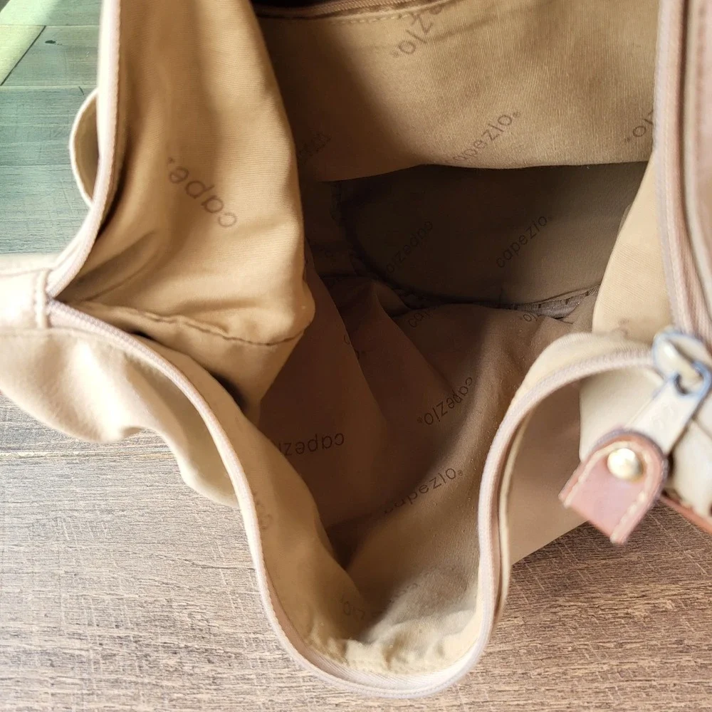Capezio Vintage Beige Faux Leather Hobo Shoulder Bag Cognac Trim Gold Hardware